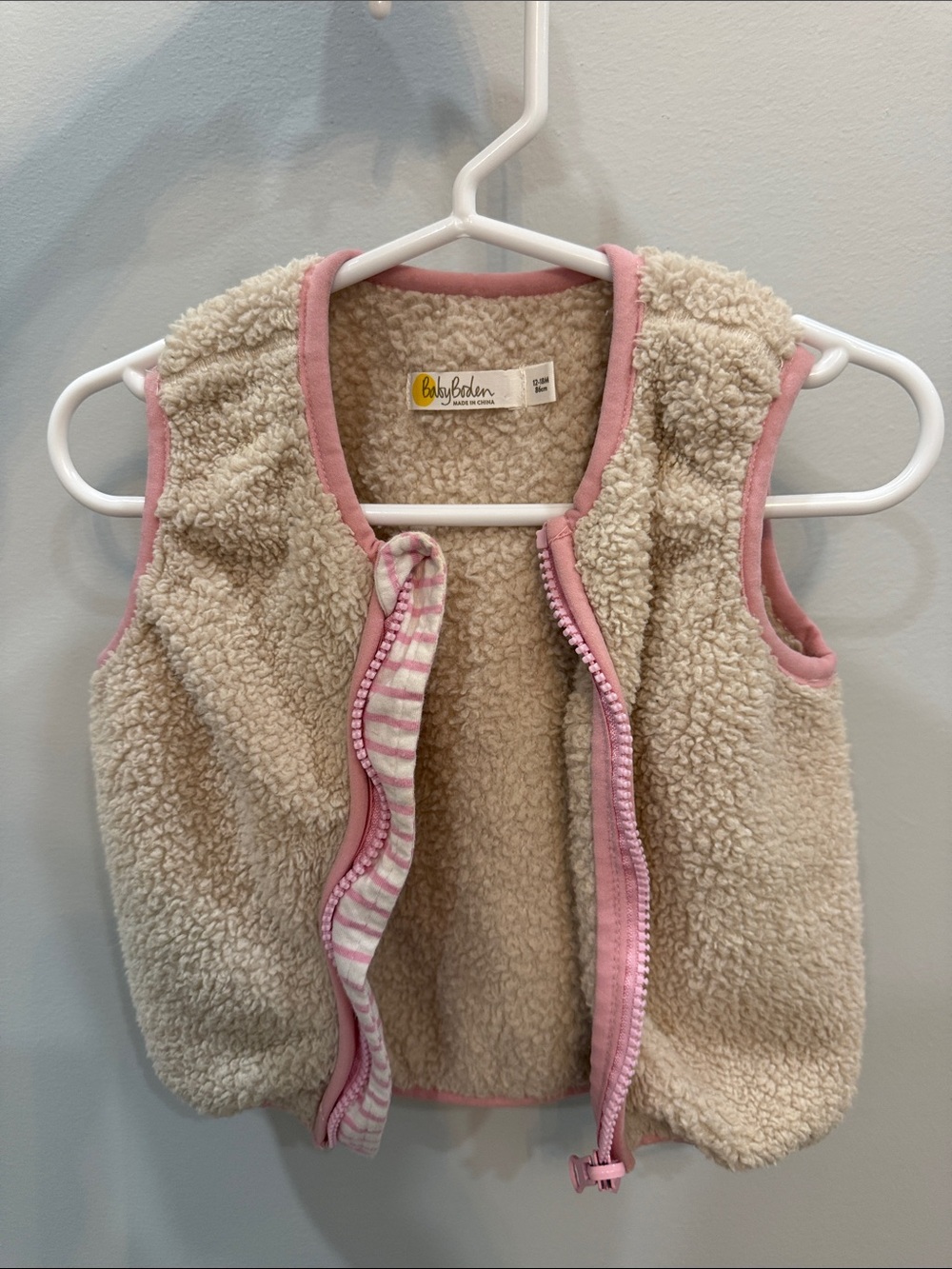 Baby Boden Cream Sherpa Vest with Pink Trim